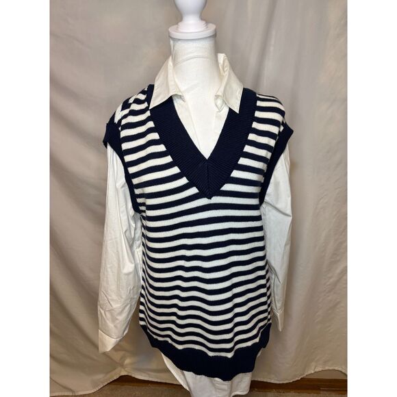 Charter Club Layered Sweater Striped Vest Shirt Intrepid Blue Combo Womens - Picture 2 of 6